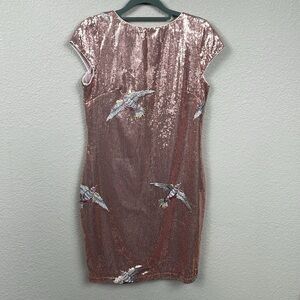 LOB Sequin Dress with Bird Embroidery Mini Shift V Back Sparkle Party Sz S